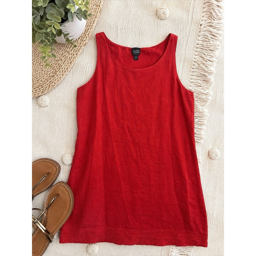 Eileen fisher womens dress linen tank size Petite Large sleeveless lined red